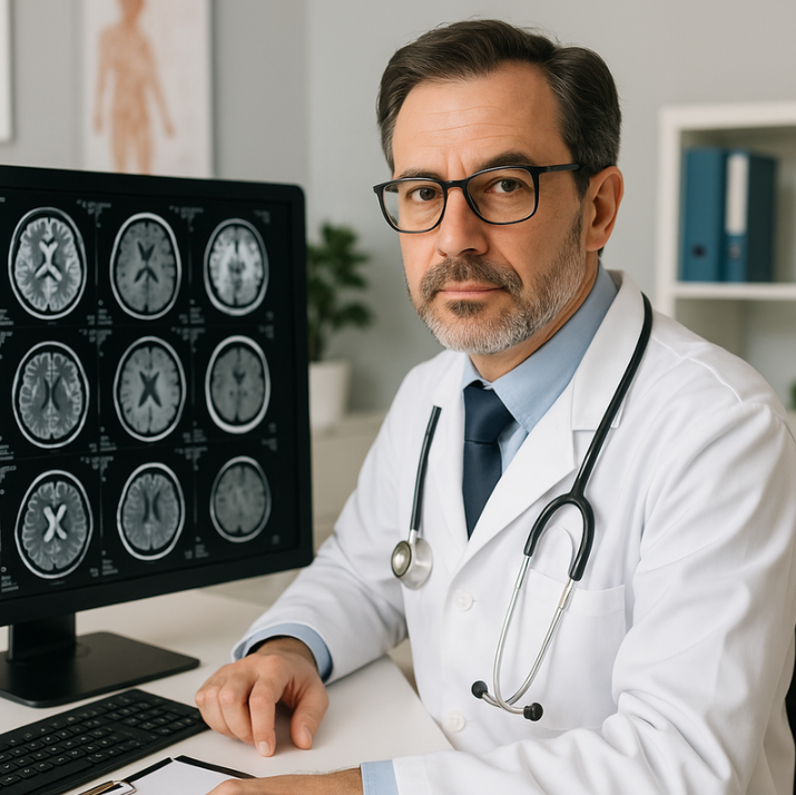 Arzt im weißen Kittel am Schreibtisch